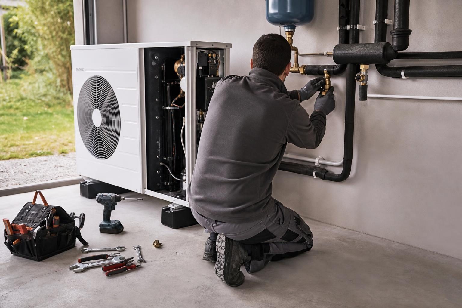 Installateur raccordant une pompe à chaleur (illustration)