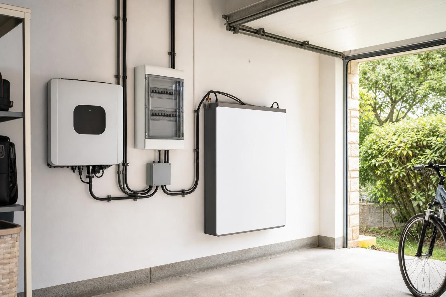 Batterie domestique de stockage installée dans un garage (illustration)