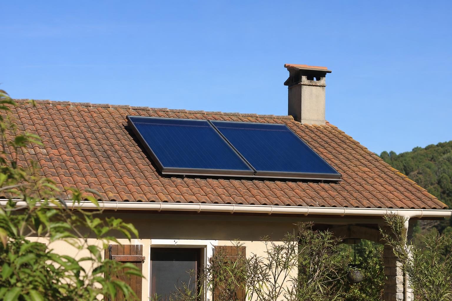 Capteurs solaires thermiques sur un toit de tuiles (illustration)