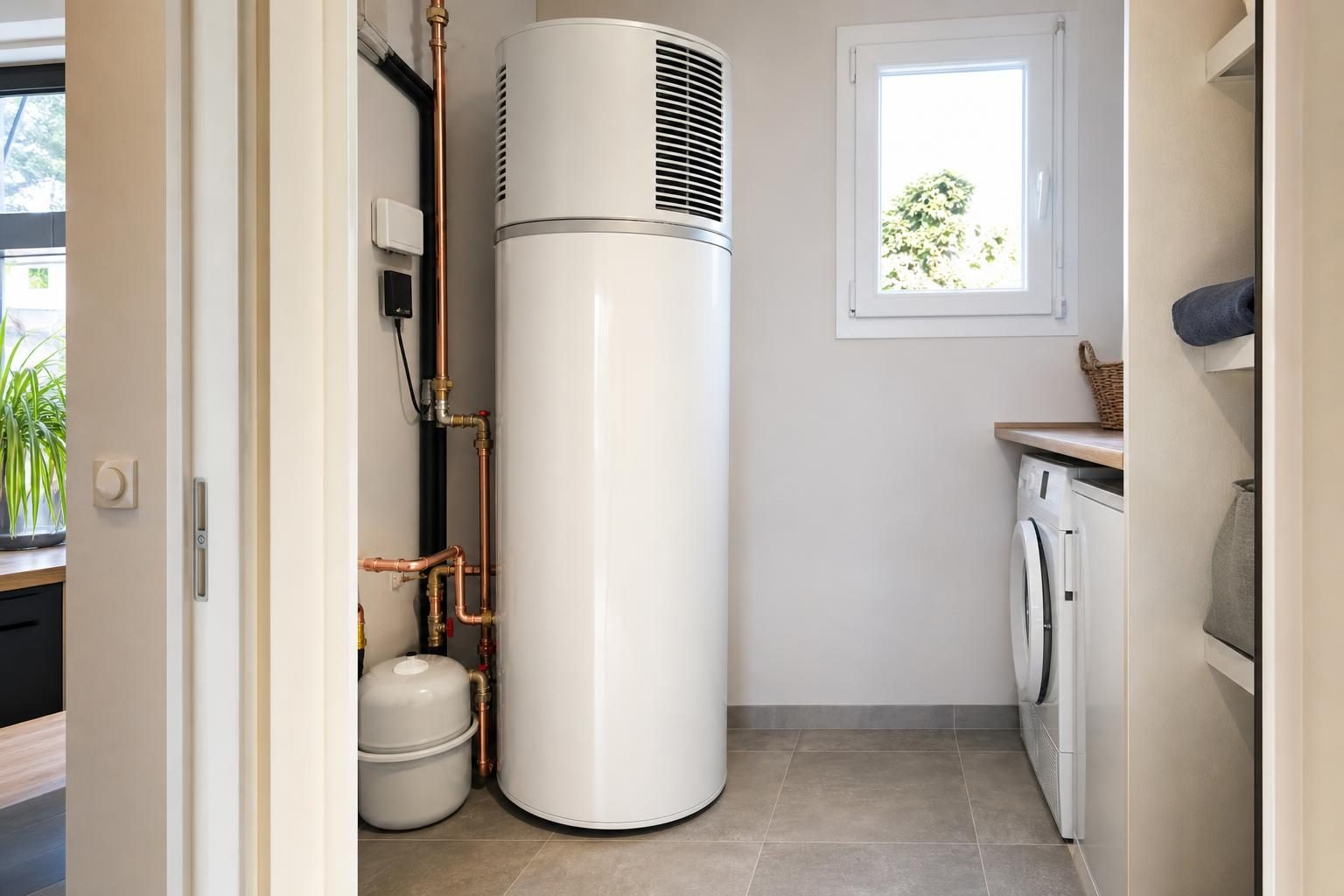 Chauffe-eau thermodynamique installé dans un cellier (illustration)