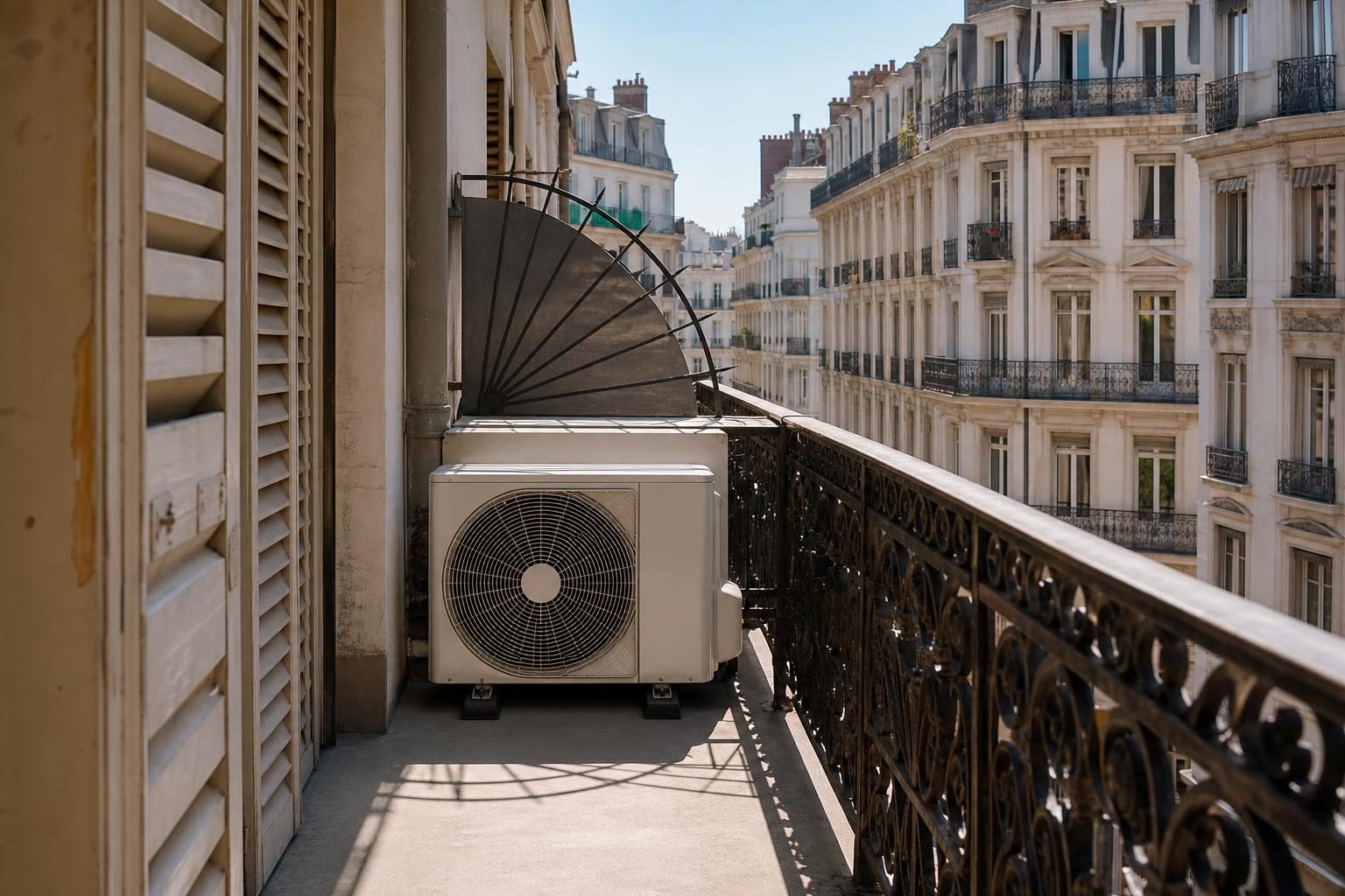 Unité extérieure de climatisation sur un balcon lyonnais (illustration)