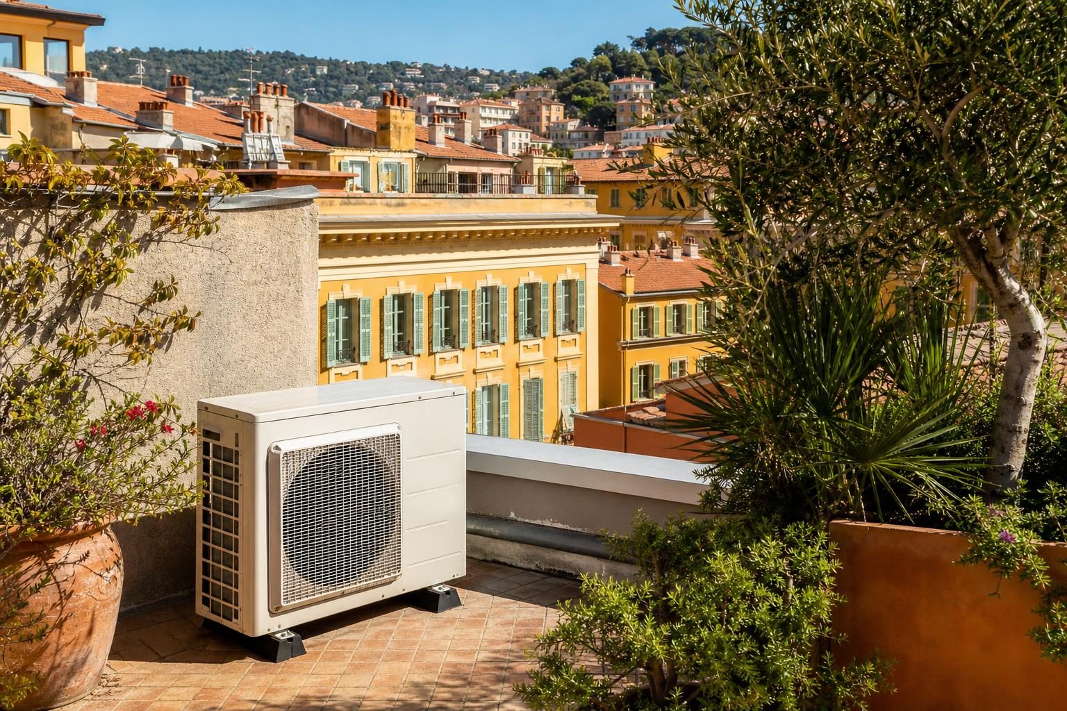 Unité extérieure de climatisation sur une terrasse niçoise (illustration)