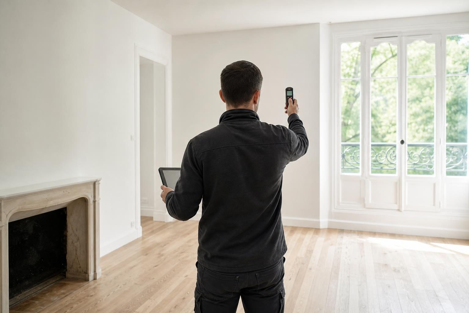 Diagnostiqueur immobilier au télémètre laser (illustration)