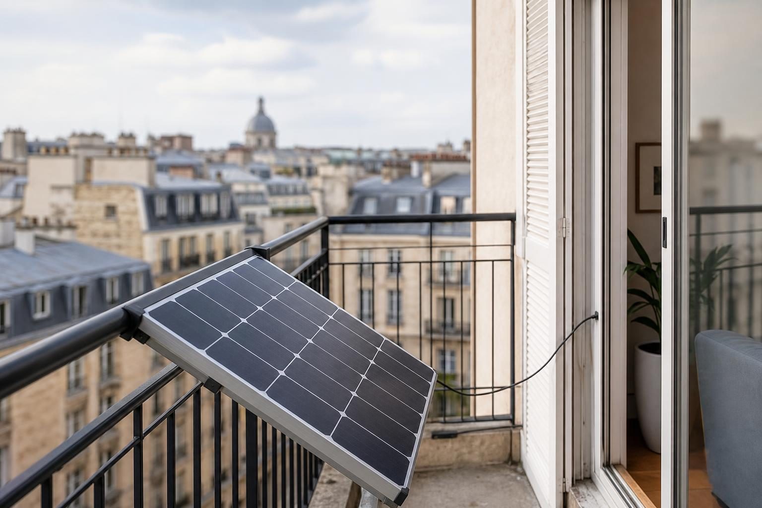 Panneau solaire fixé au garde-corps d'un balcon (illustration)