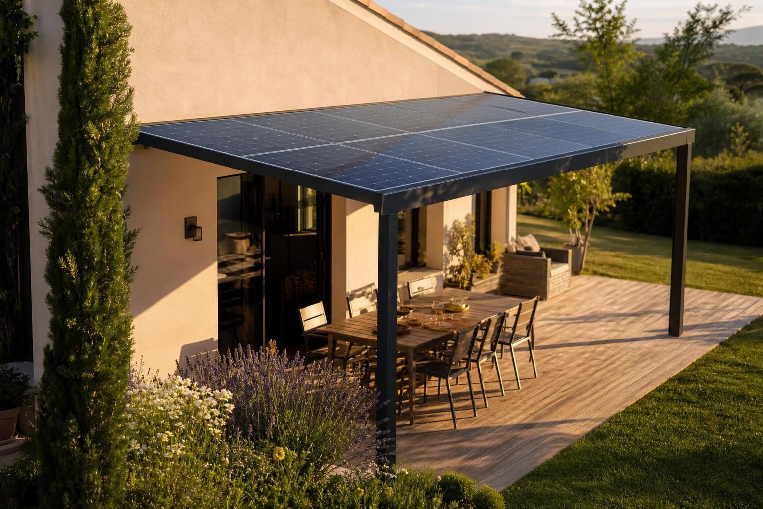 Pergola solaire adossée au-dessus d'une terrasse (illustration)