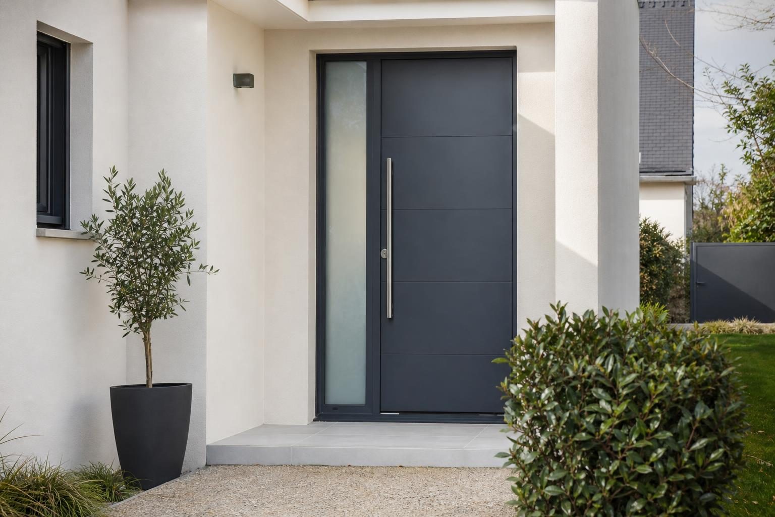 Porte d'entrée moderne en aluminium sur un pavillon (illustration)