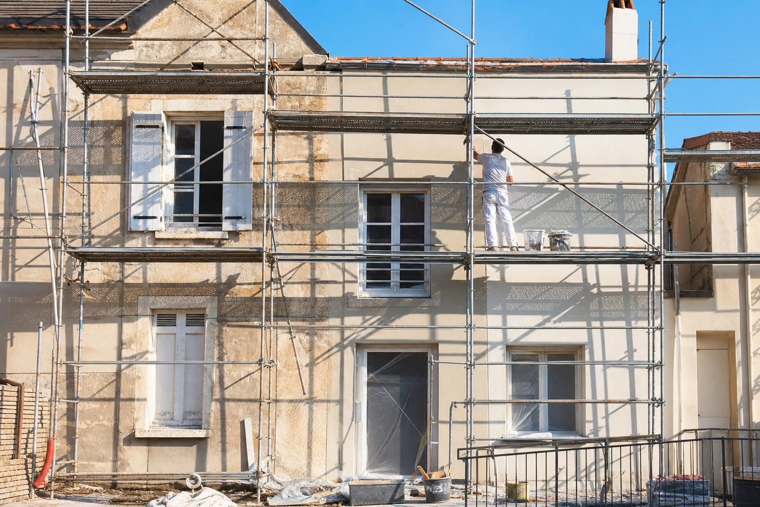 Ravalement de façade en cours sous échafaudage (illustration)
