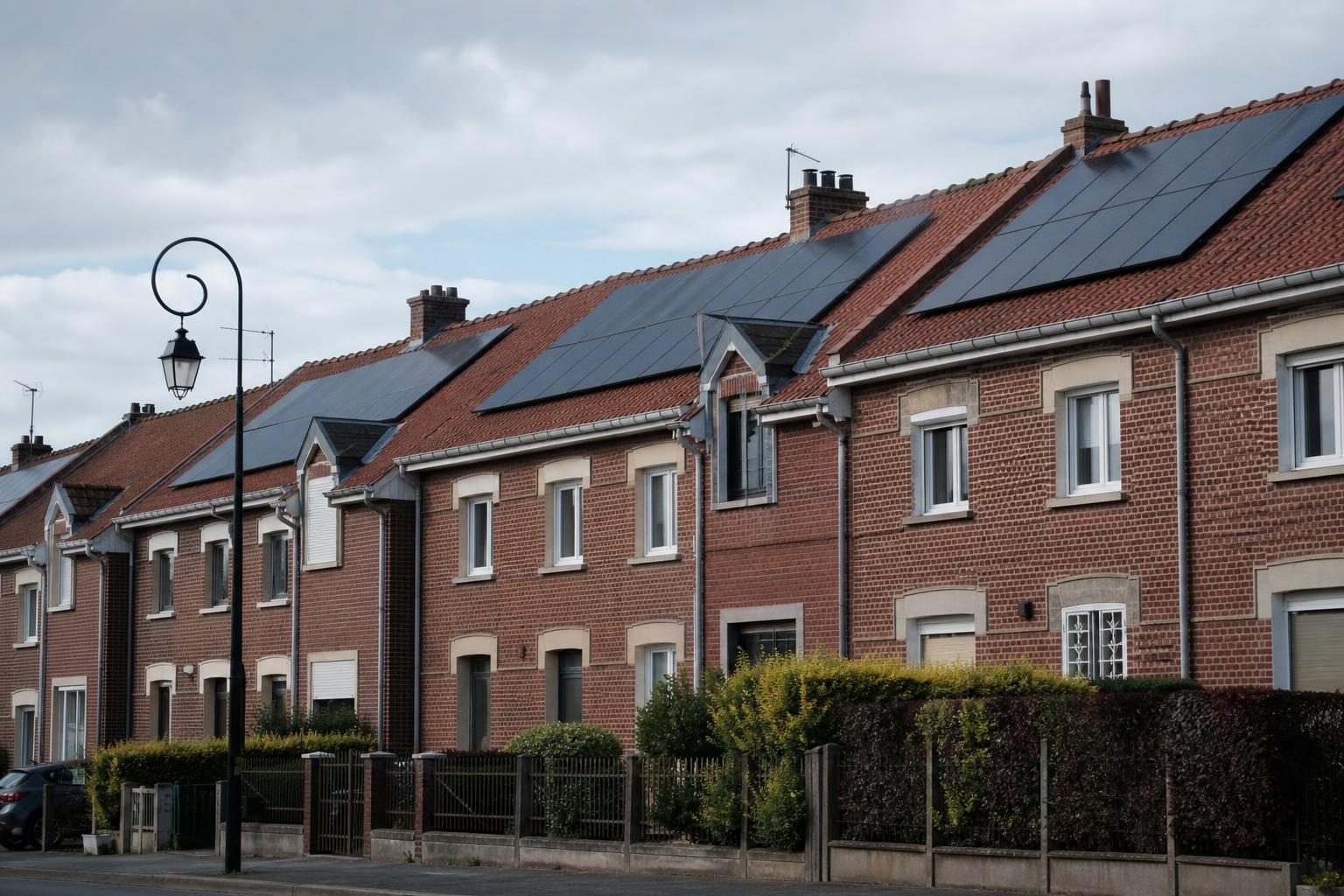 Panneaux solaires sur des maisons de briques lilloises (illustration)