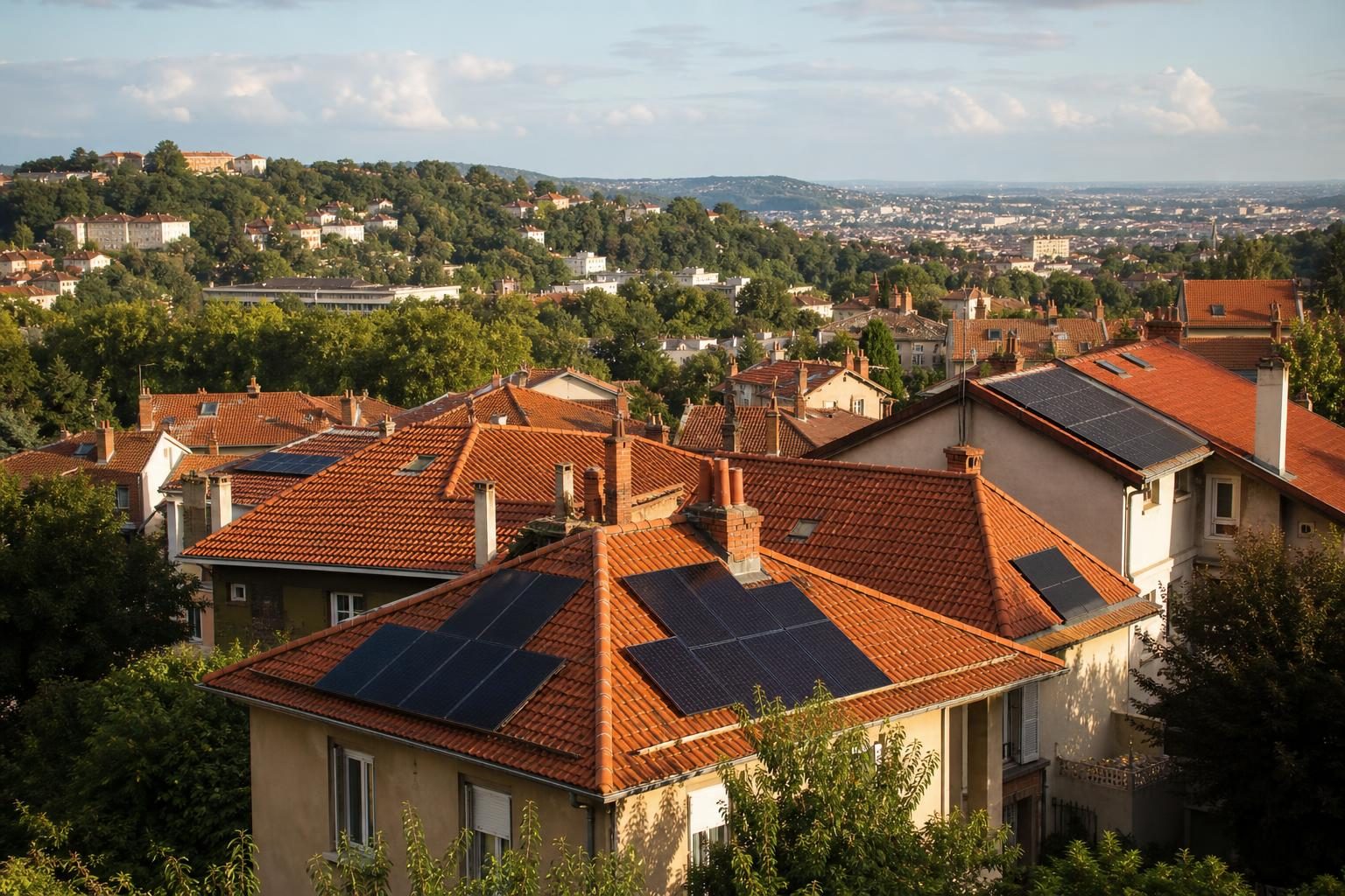 Toits lyonnais équipés de panneaux solaires (illustration)