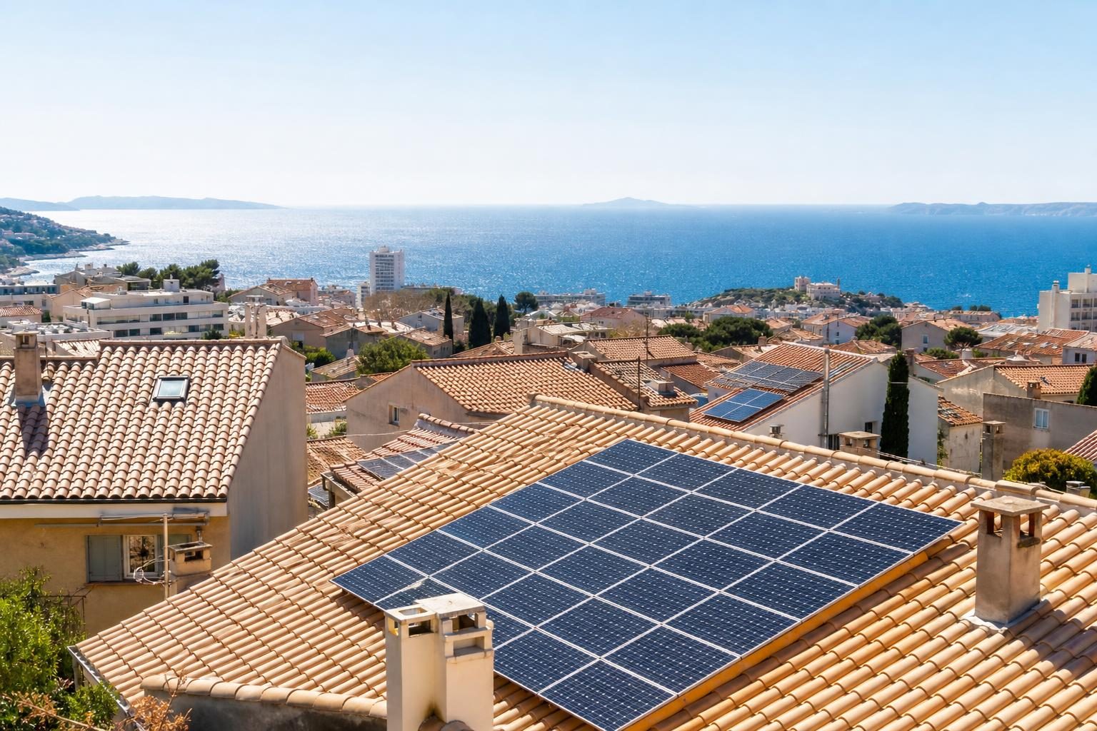 Toits marseillais équipés de panneaux solaires (illustration)