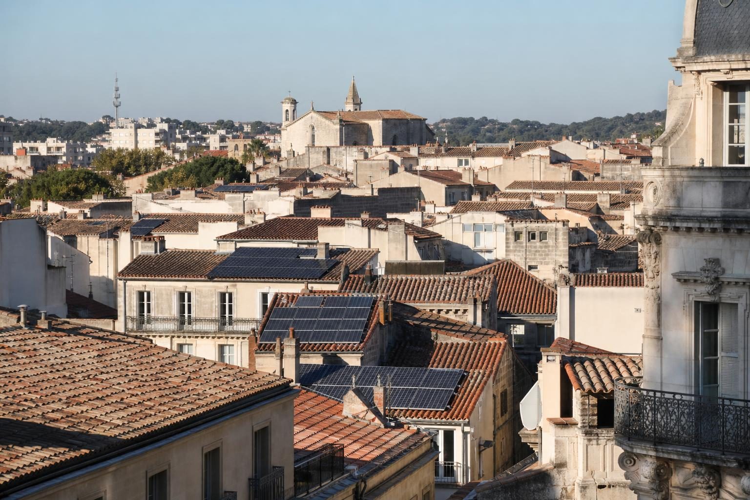 Toits montpelliérains équipés de panneaux solaires (illustration)