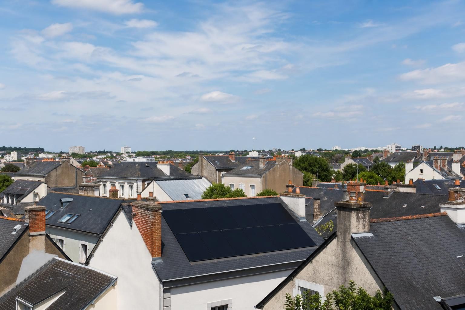 Panneaux solaires sur un toit d'ardoise nantais (illustration)