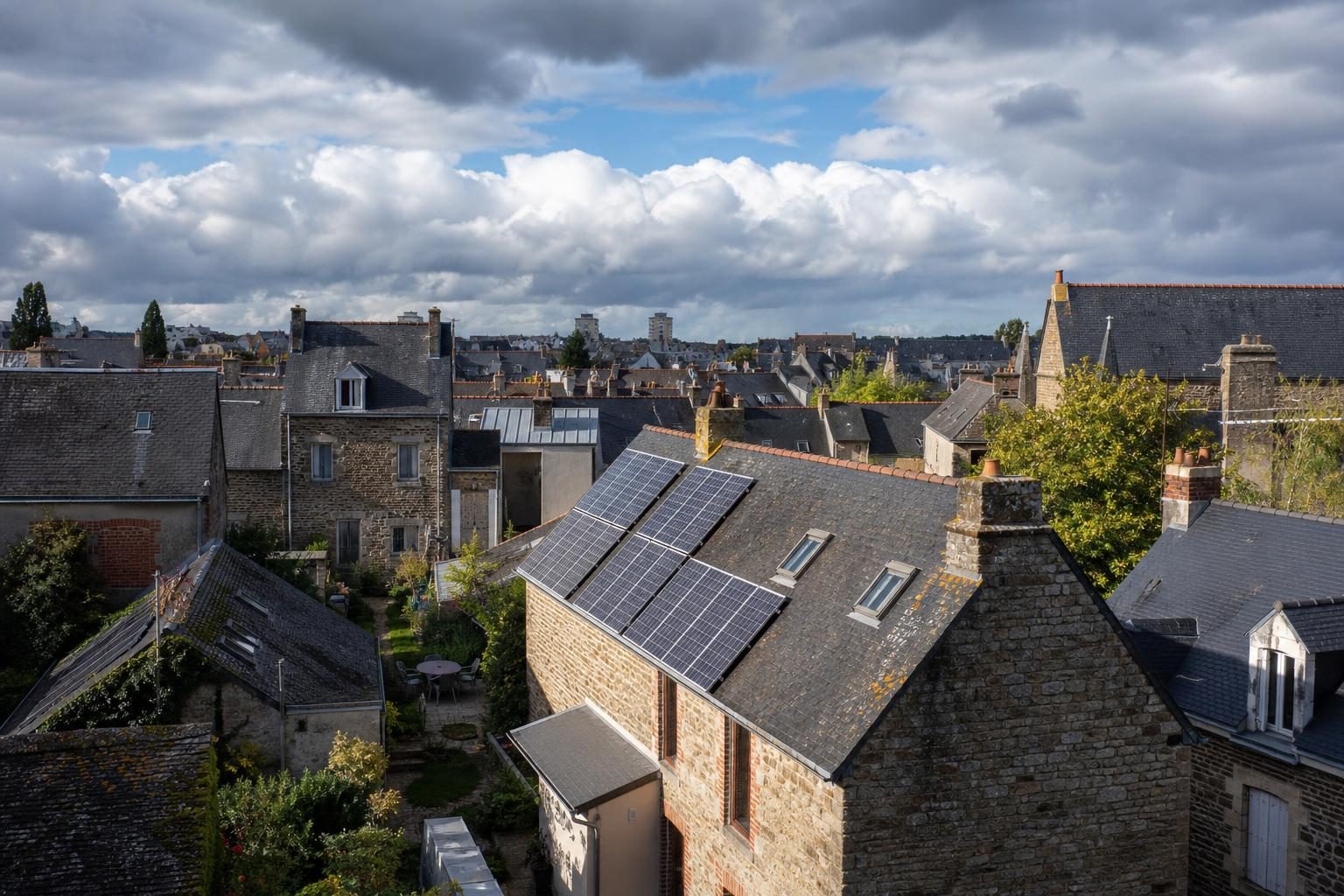 Panneaux solaires sur une maison rennaise en ardoise (illustration)