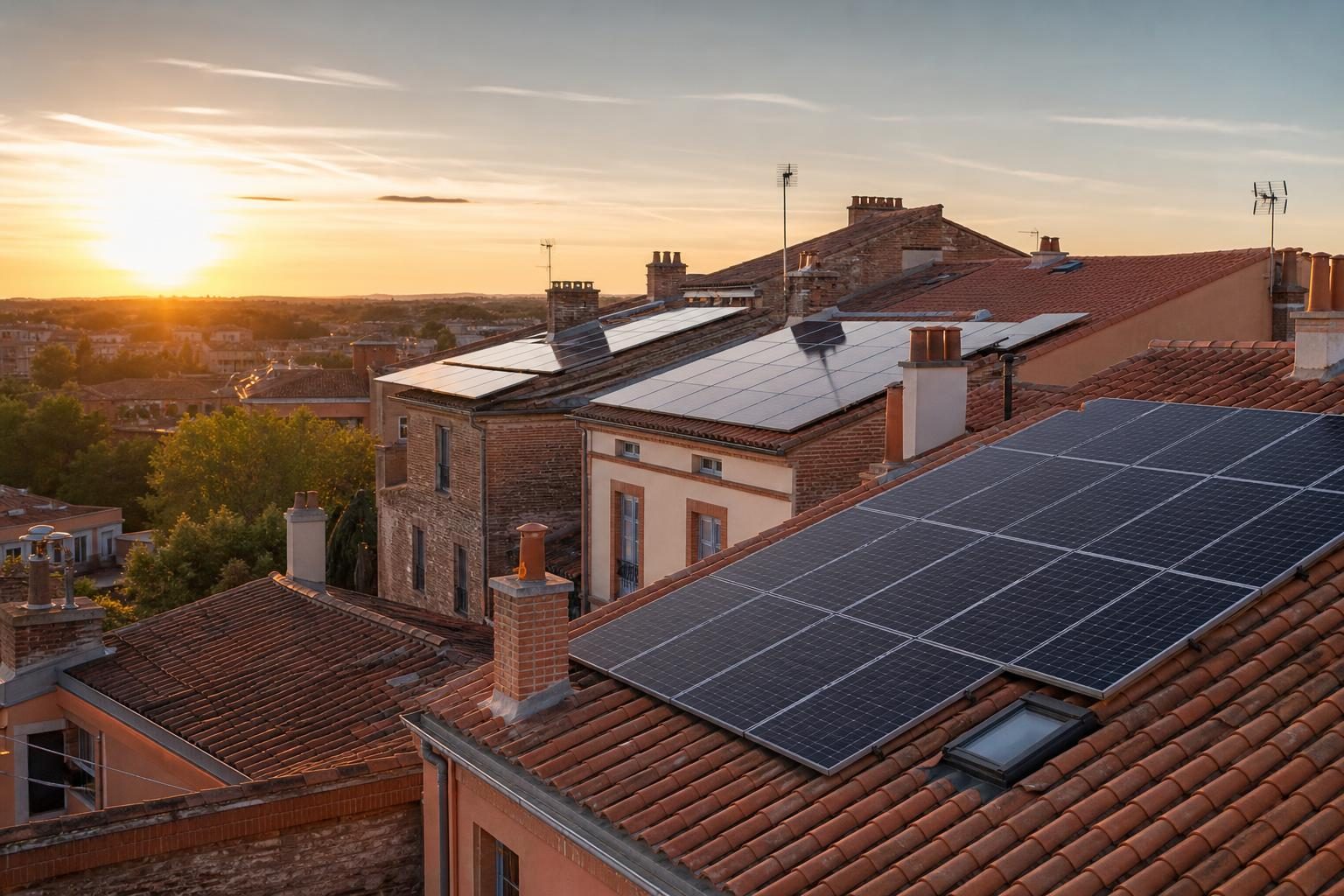 Toits toulousains équipés de panneaux solaires (illustration)