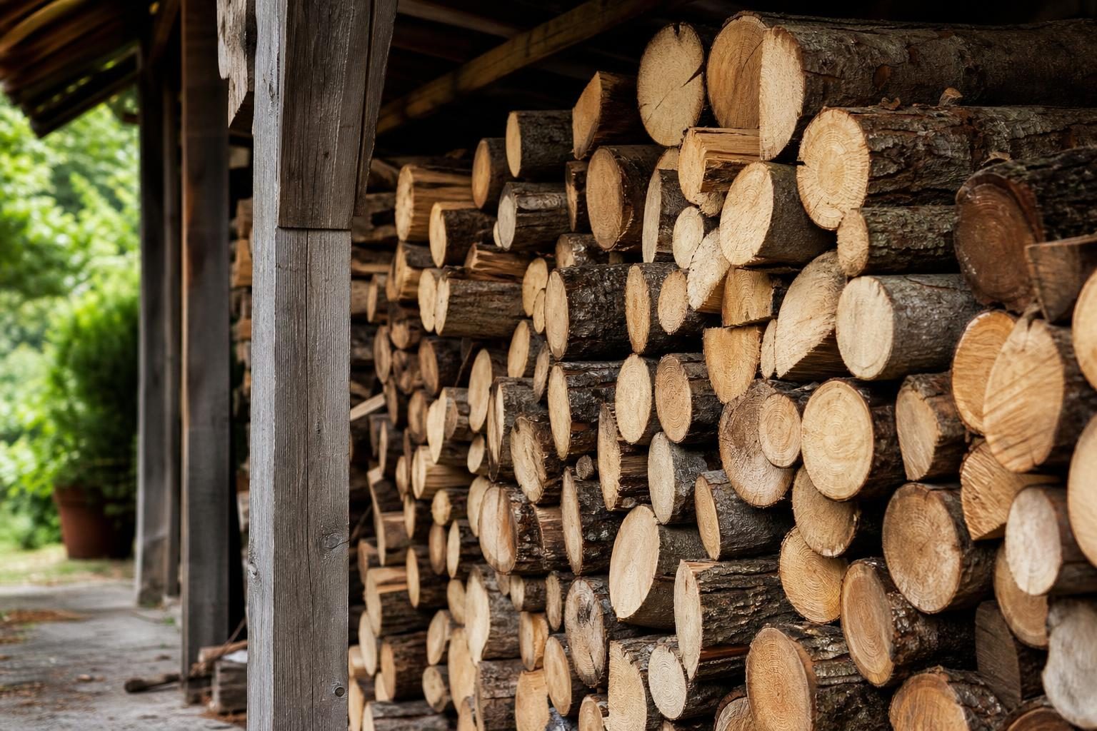 Bûches de bois sec empilées sous abri (illustration)