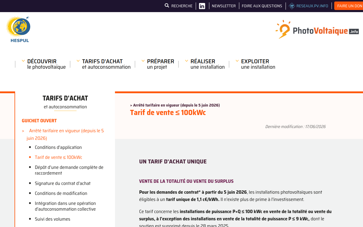 Capture de la page des tarifs d'achat photovoltaïques en vigueur