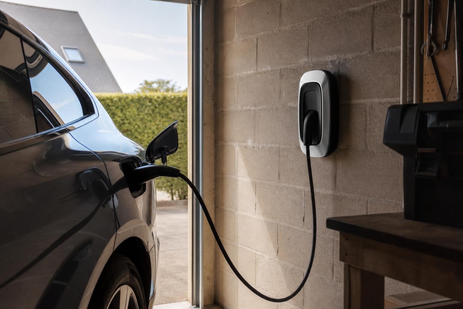 Borne de recharge murale dans un garage avec véhicule électrique (illustration)
