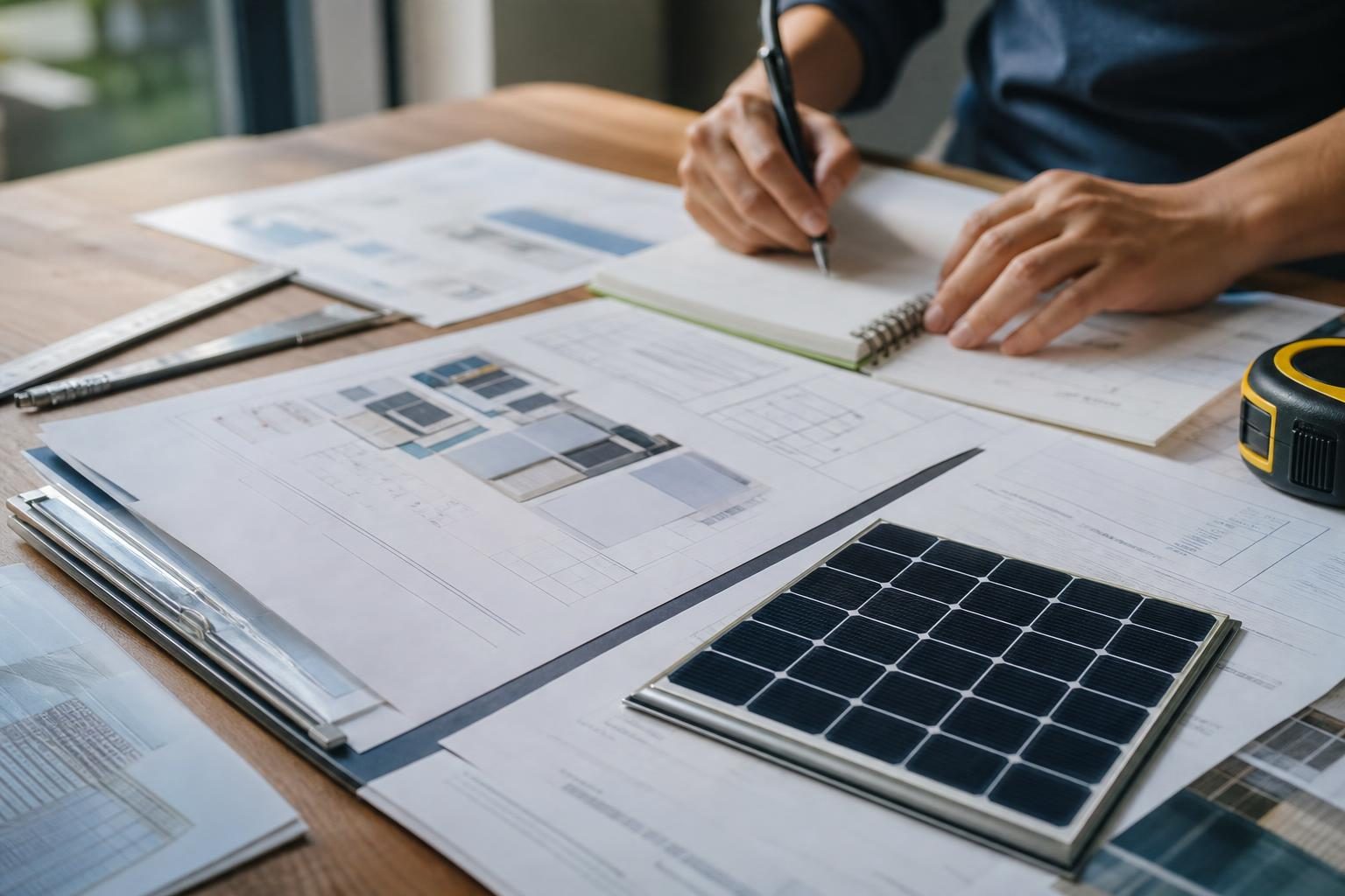 Devis photovoltaïque et échantillon de panneau sur un bureau (illustration)