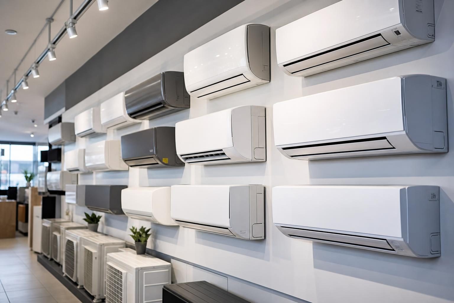 Unités murales de climatisation alignées en showroom (illustration)